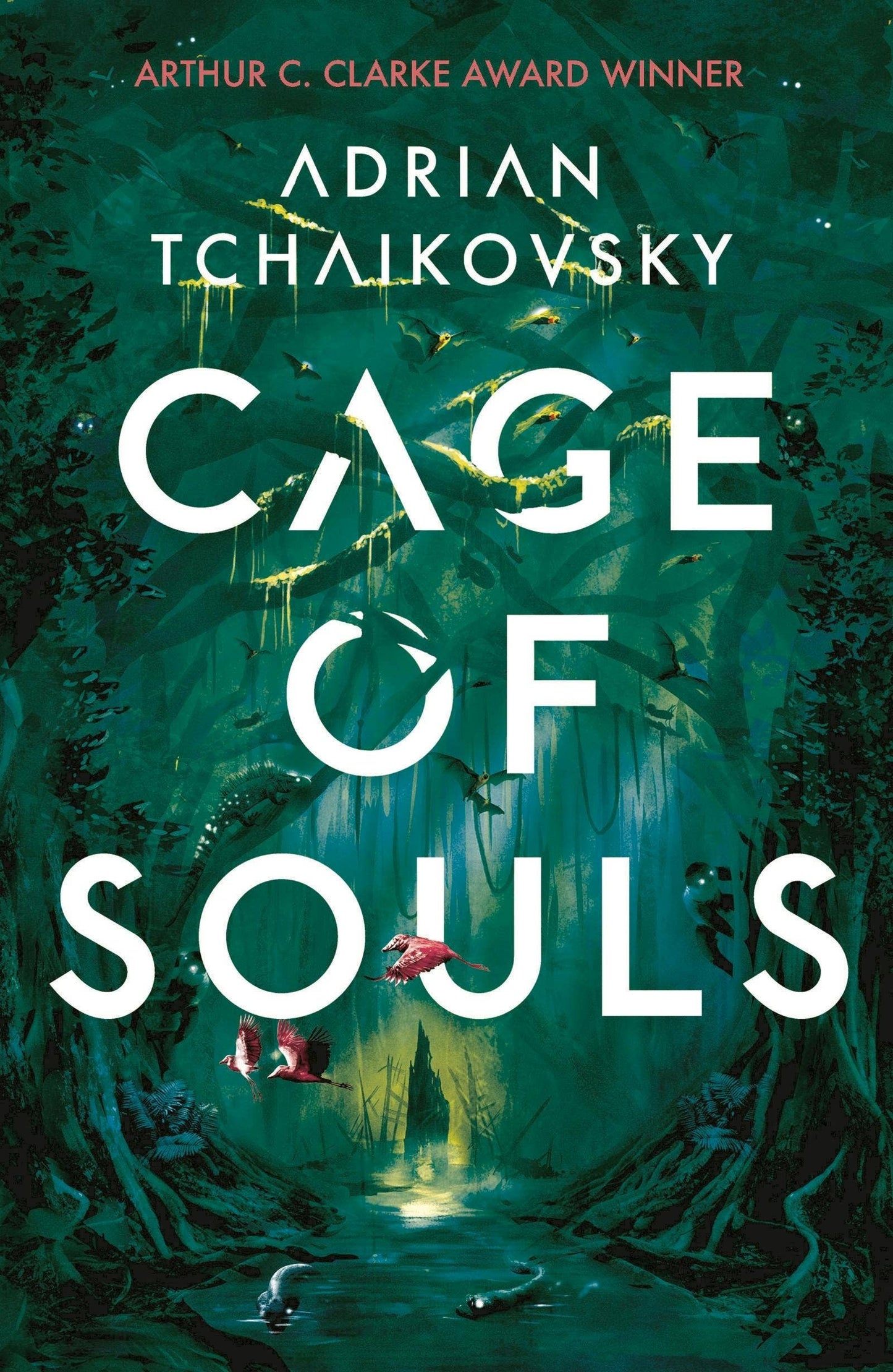 Book cover of 'Cage of Souls' by Adrian Tchaikovsky with a green swamp scene.