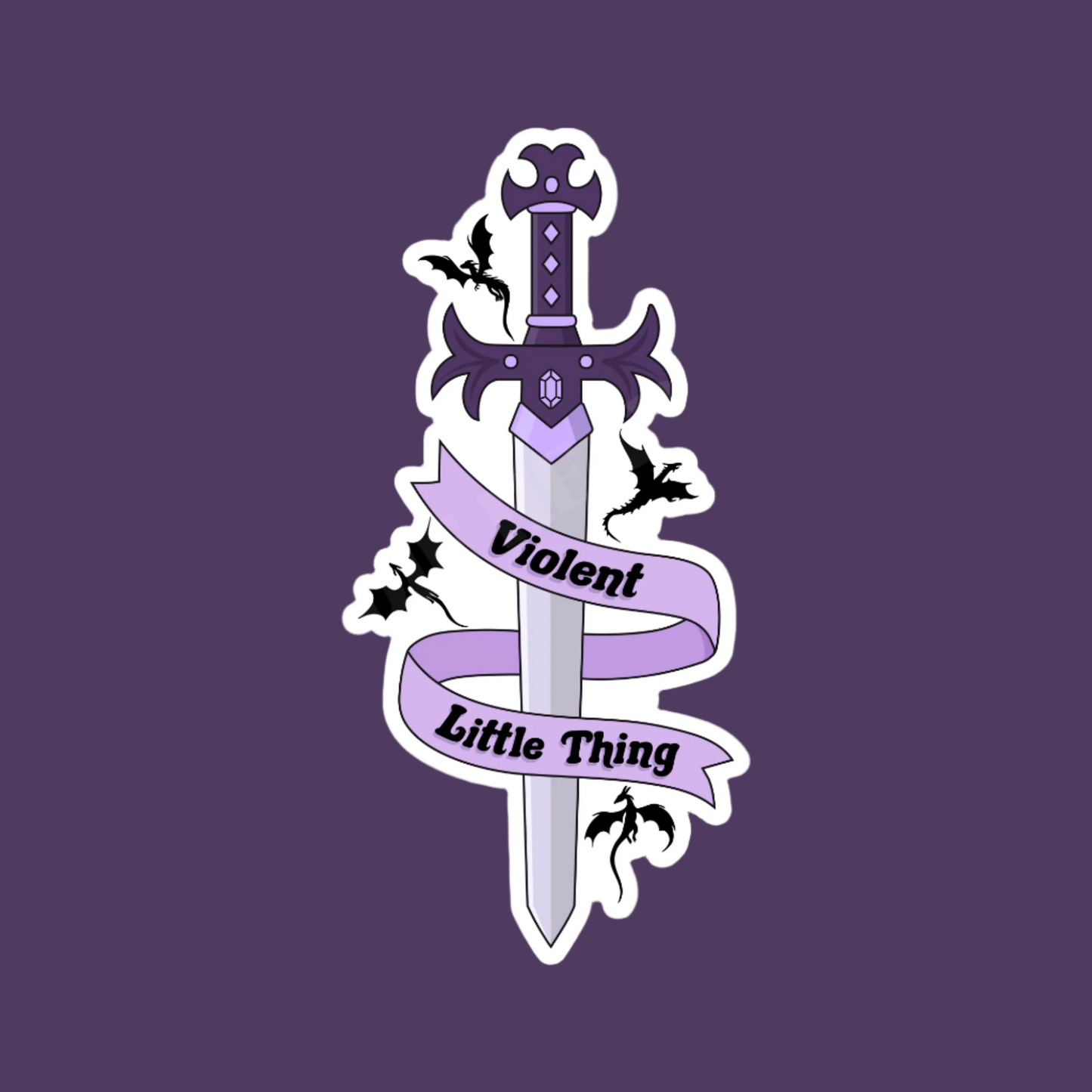 A vinyl sticker with a design that includes a stylized sword, decorative elements, and the text 'Violent Little Thing' on a purple background.