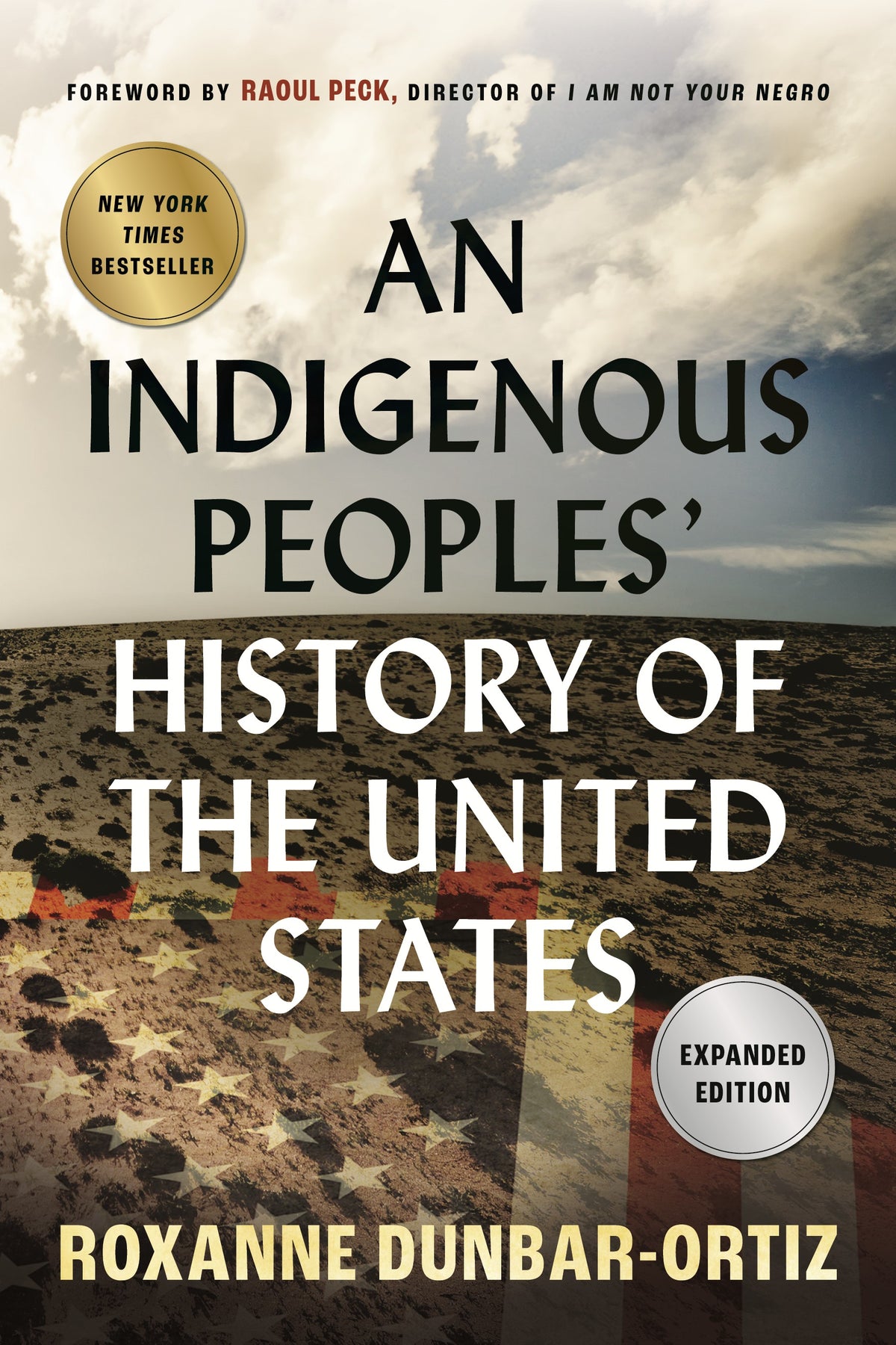 book cover. american flag imposed over a dirt land