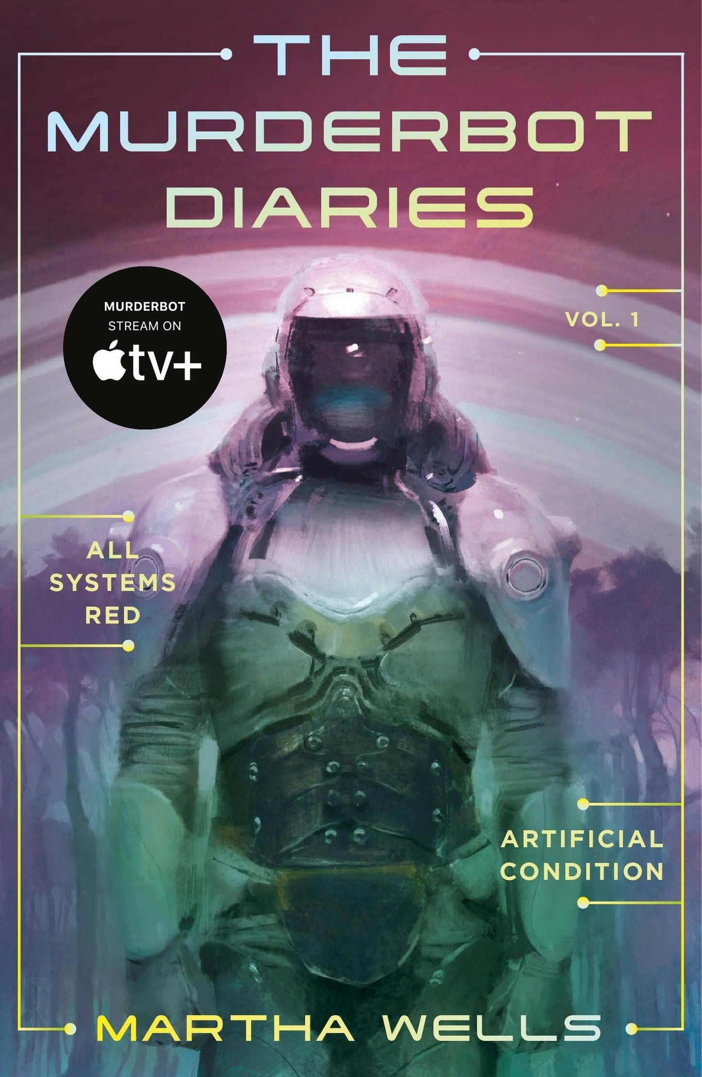 Book cover of 'The Murderbot Diaries' with a robot in space suit and text about Apple TV+.