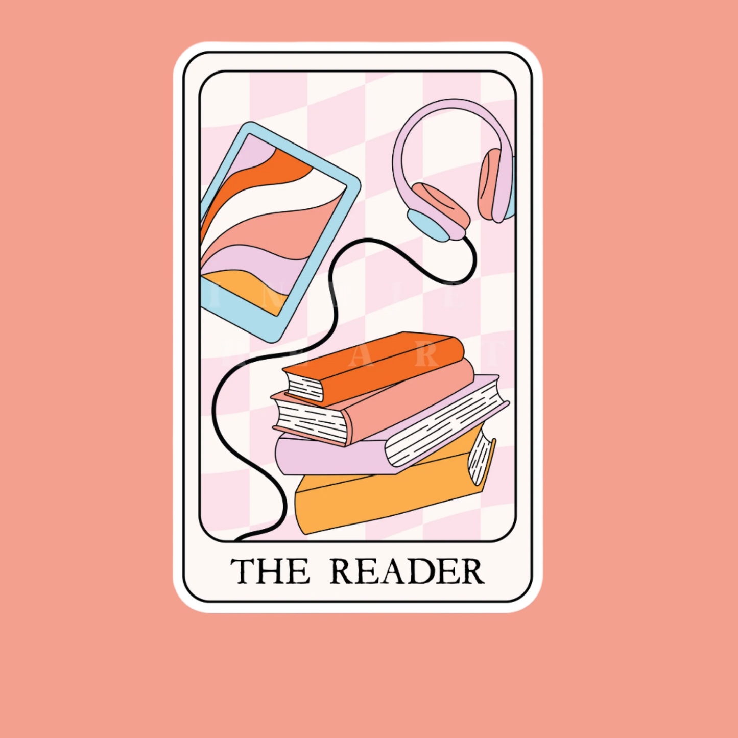A vinyl sticker depicting a tarot card titled 'The Reader', with an illustration of books, a tablet, and headphones.