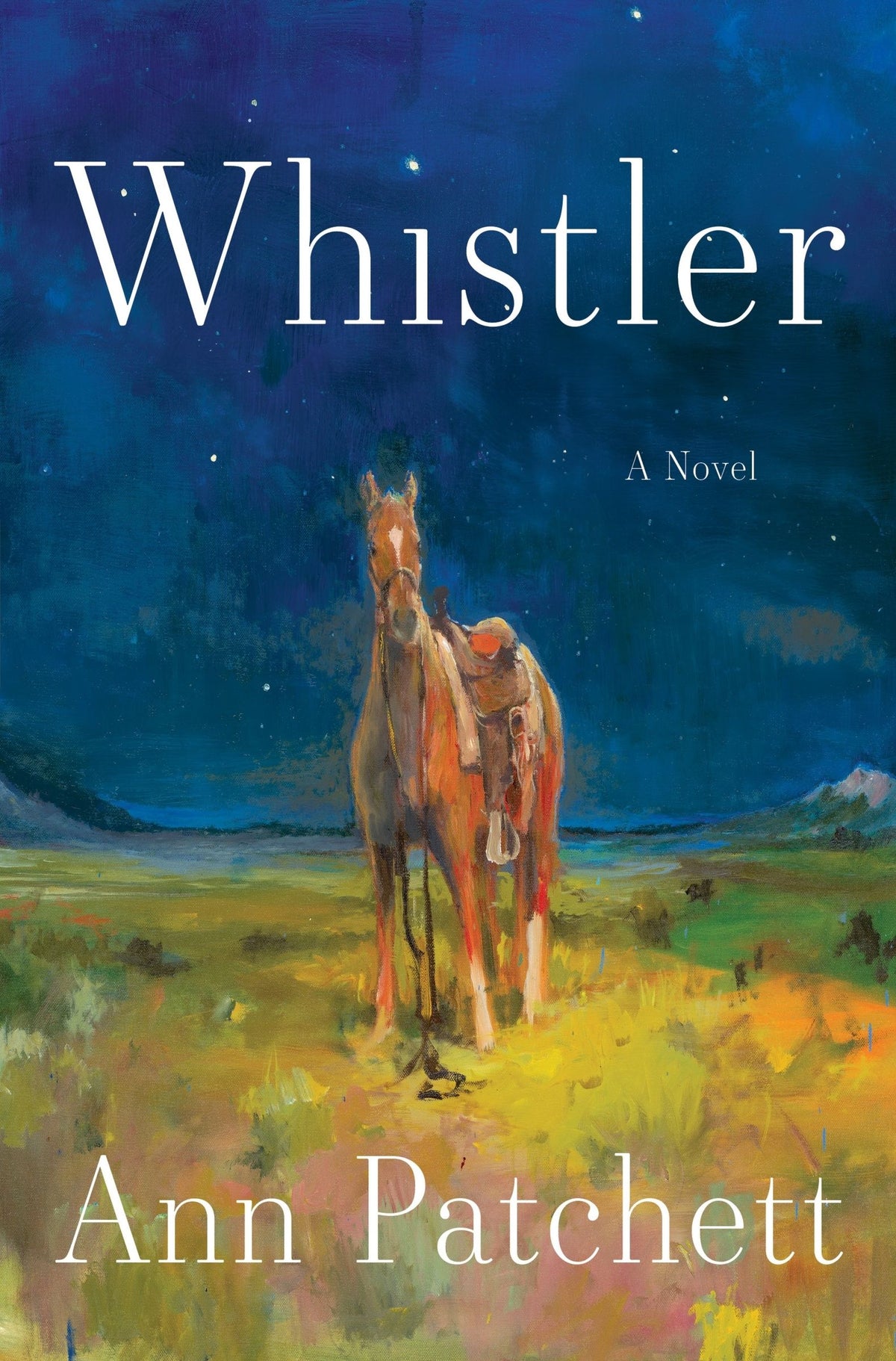 book cover for ann patchetts whistler featuring painting of a saddled horse against a night sky