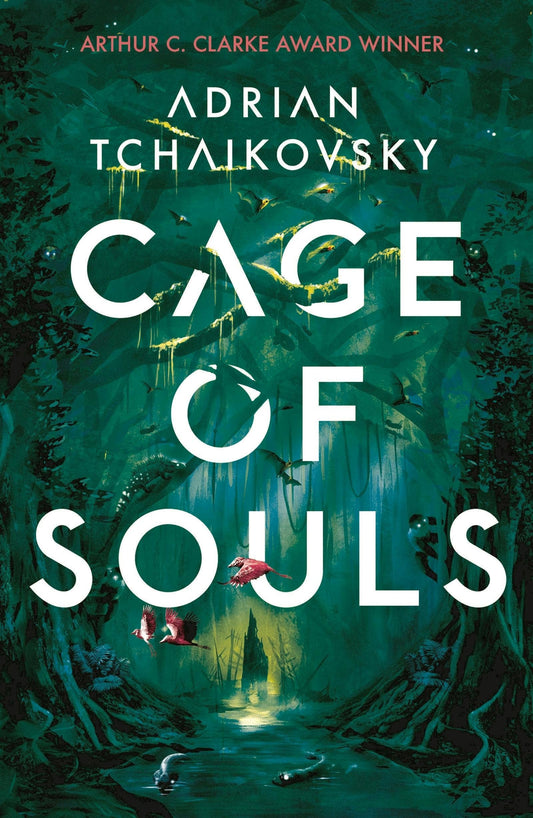 Book cover of 'Cage of Souls' by Adrian Tchaikovsky with a green swamp scene.