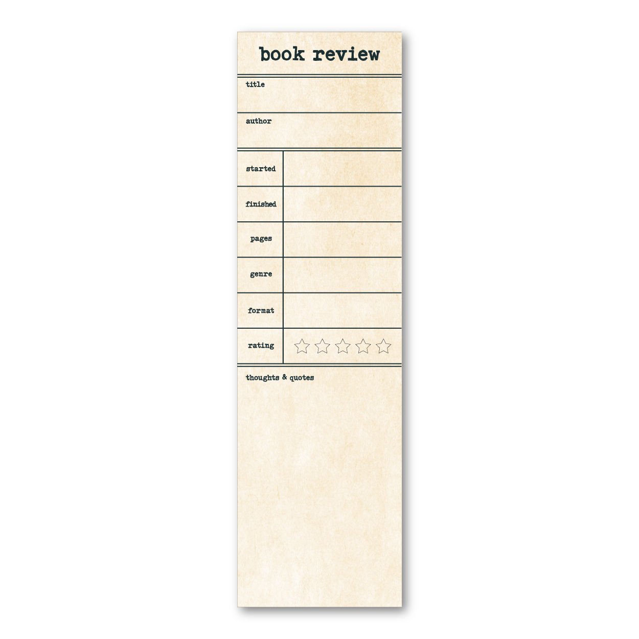 Notebook with pre-printed book review form on a white background