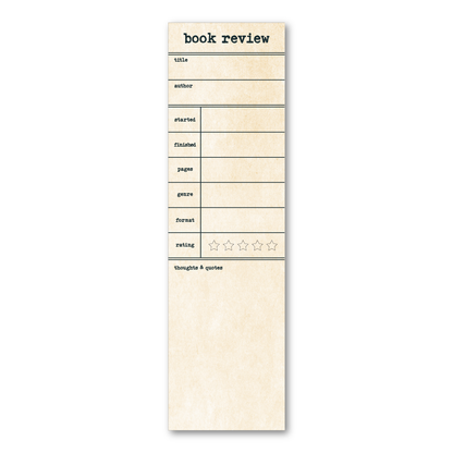 Notebook with pre-printed book review form on a white background