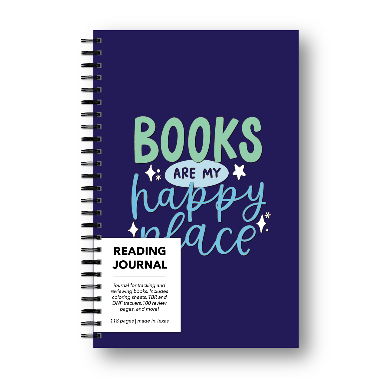 Spiral-bound notebook with 'Books are my happy place' text on a white background