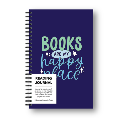 Spiral-bound notebook with 'Books are my happy place' text on a white background