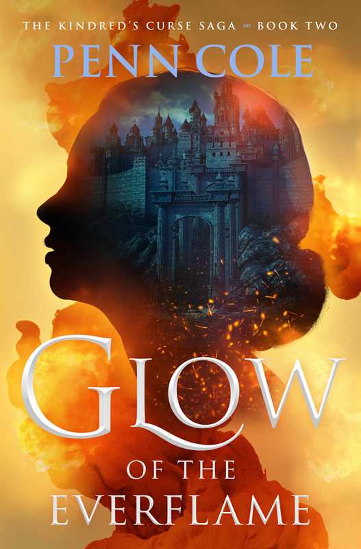 Cover of 'Glow of the Everflame' by Penn Cole featuring a silhouette of a woman's profile against a backdrop of a burning cityscape.