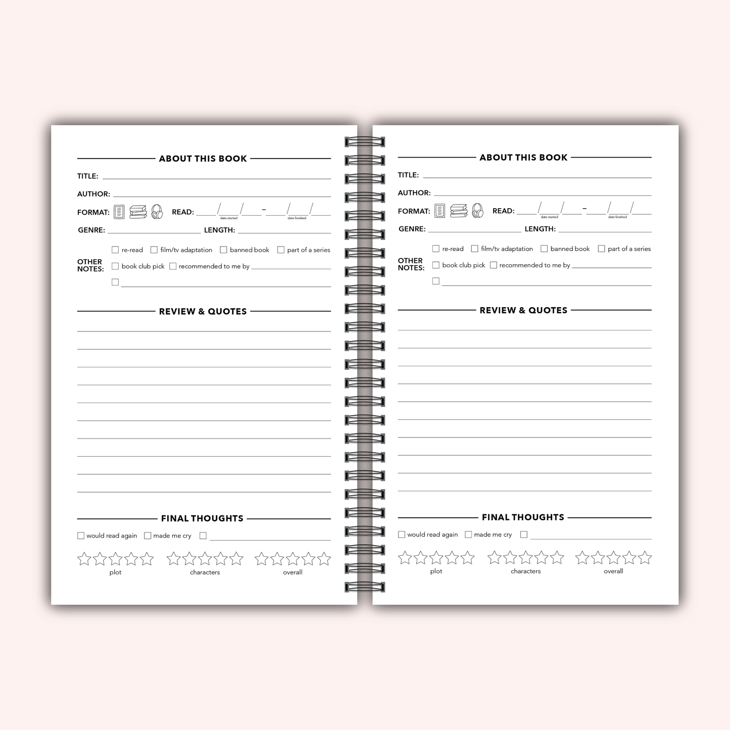 Open book with reading notes and review forms on a white background