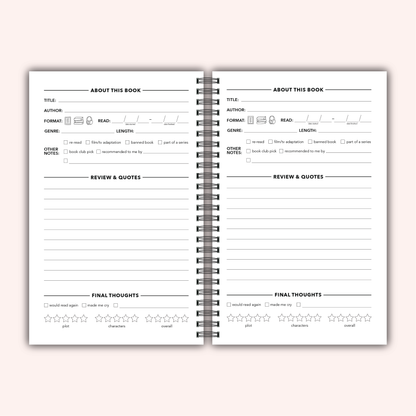 Open book with reading notes and review forms on a white background