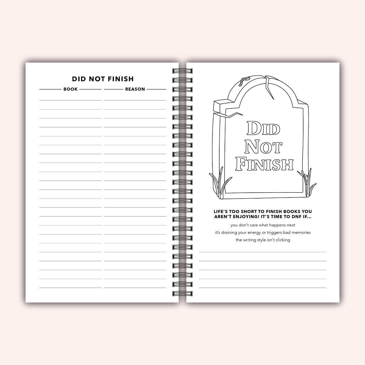 Open reading journal with 'Did Not Finish' page and tombstone graphic
