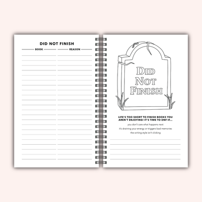 Open reading journal with 'Did Not Finish' page and tombstone graphic