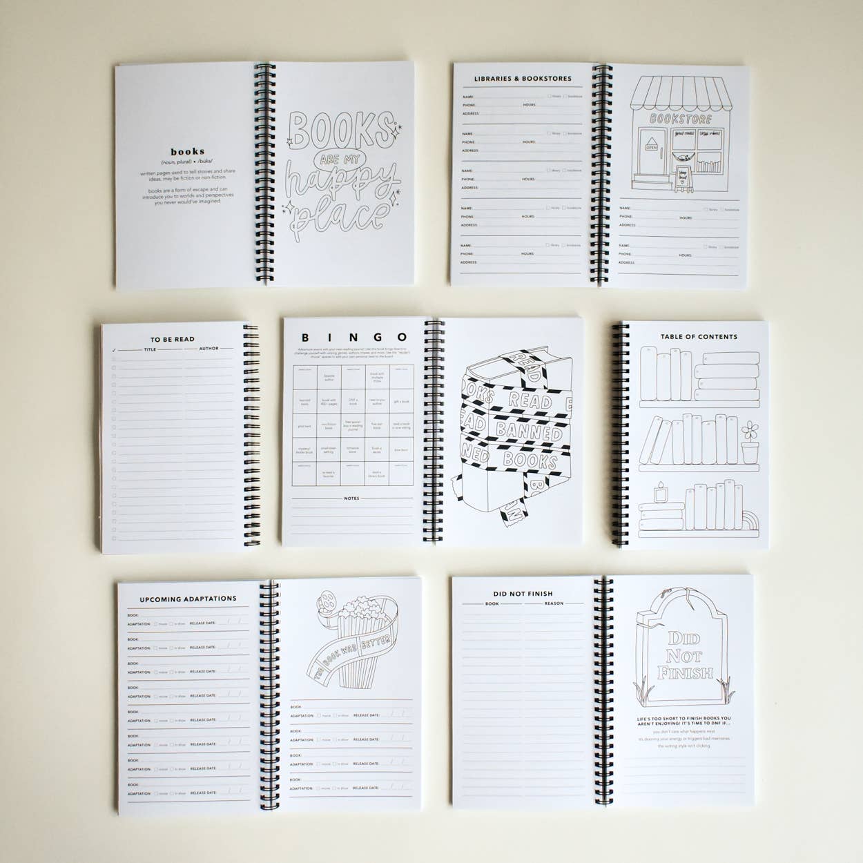 Set of reading journals with covers featuring 'Read More Books' and book-themed designs