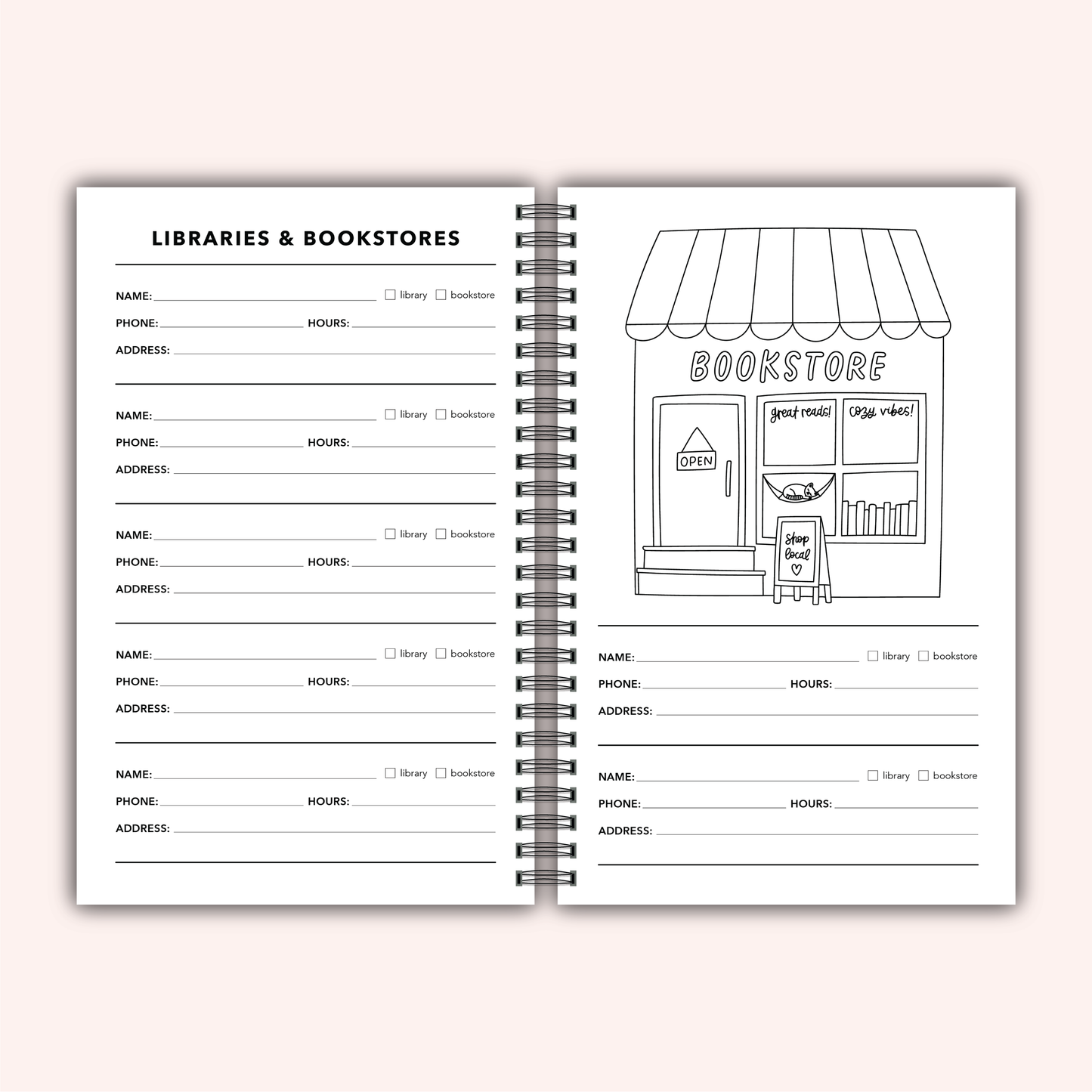 Library info page with space for contact details and bookstore image to color