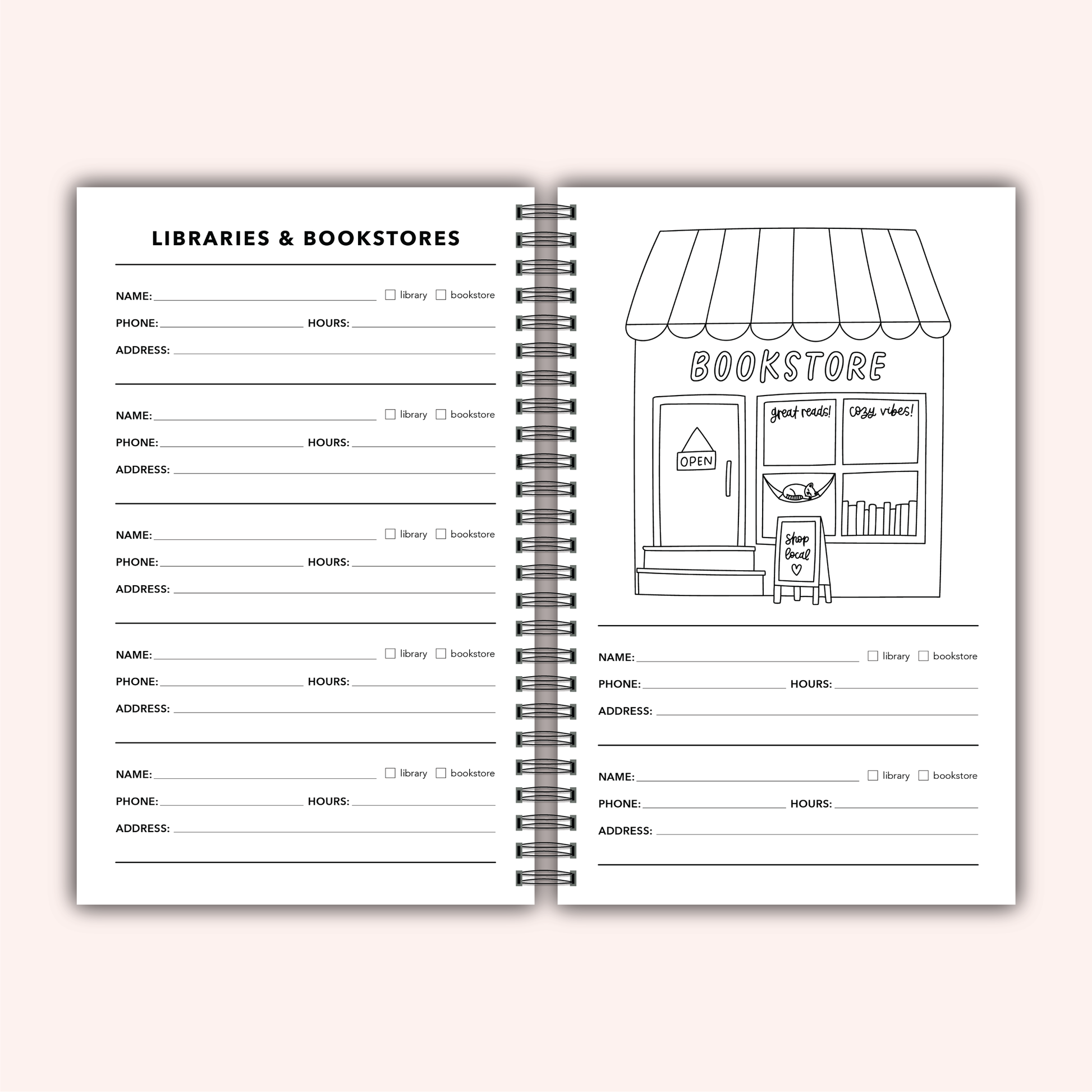 Spiral-bound notebook with pages titled 'Libraries & Bookstores' on a white background
