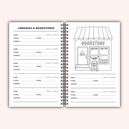 Spiral-bound notebook with pages titled 'Libraries & Bookstores' on a white background