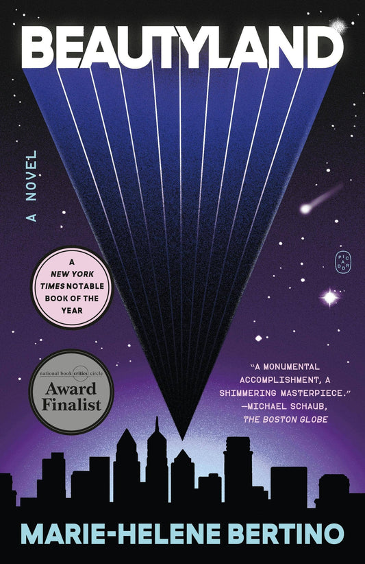 Book cover of 'Beautyland' with a futuristic design and text about the book's recognition.