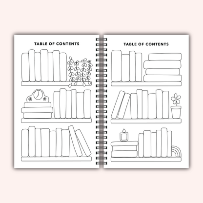 Book review journal with bookshelves and plants illustration