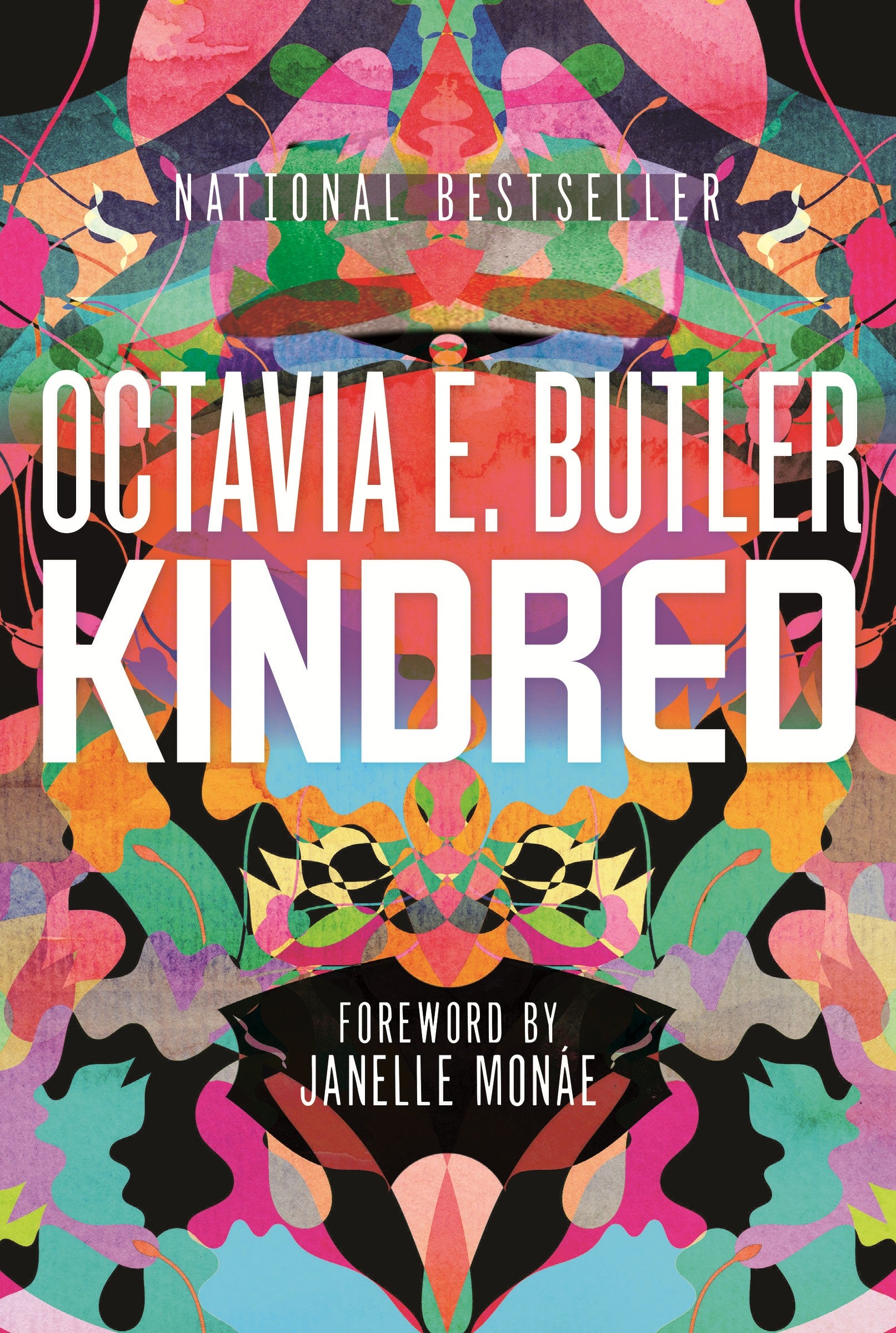 Book cover of 'Kindred' by Octavia E. Butler with a colorful abstract design.