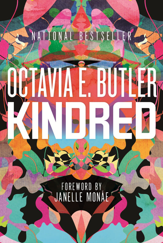 Book cover of 'Kindred' by Octavia E. Butler with a colorful abstract design.