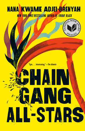 Book cover of 'Chain Gang All-Stars' with a colorful design and National Book Award finalist badge.