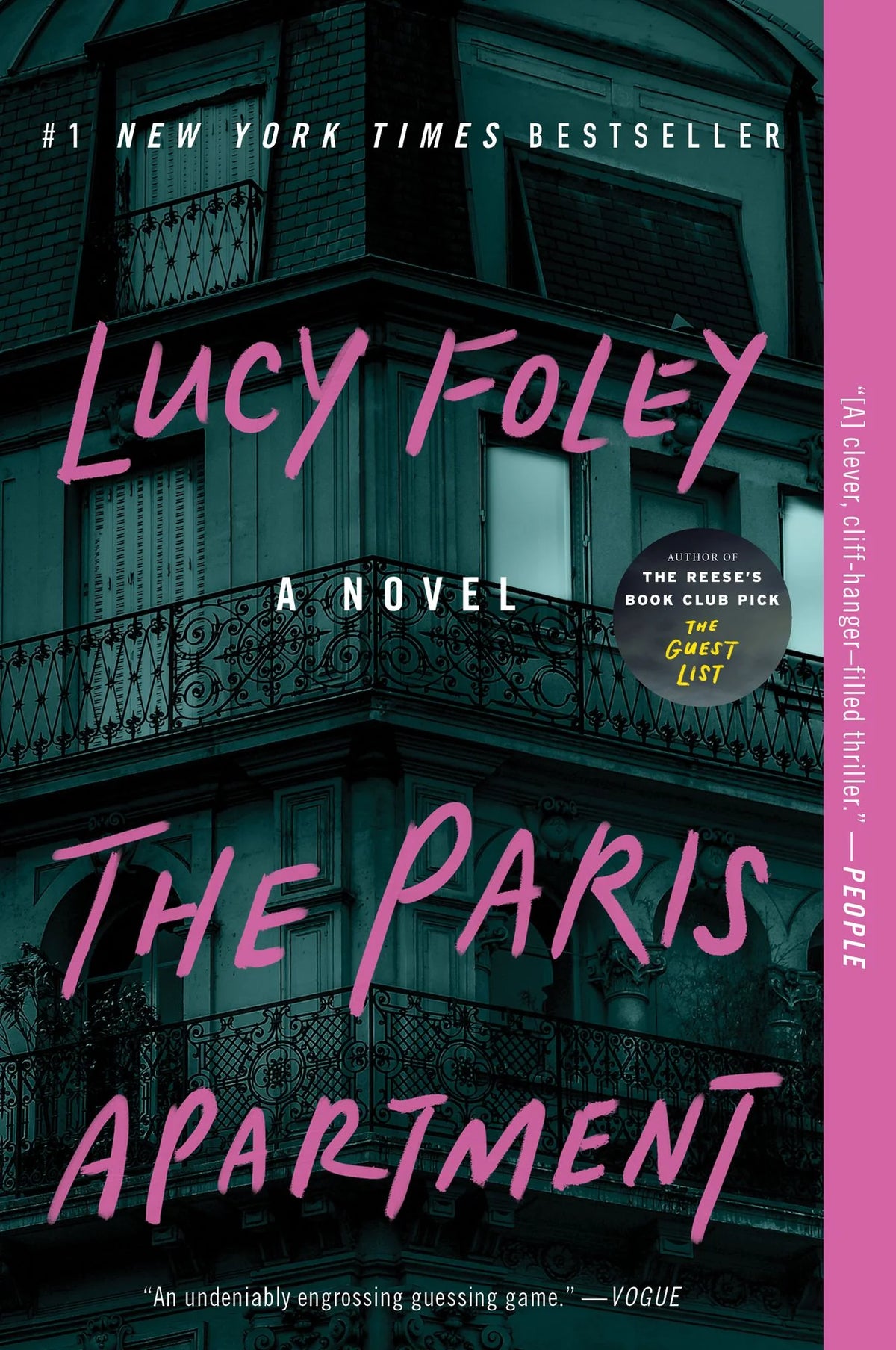 Book cover for the novel 'The Paris Apartment' by Lucy Foley, featuring a dark Parisian apartment facade in muted blue-gray tones with large pink title text and a pink vertical band on the right side.