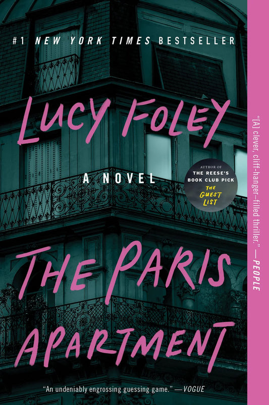 Book cover for the novel 'The Paris Apartment' by Lucy Foley, featuring a dark Parisian apartment facade in muted blue-gray tones with large pink title text and a pink vertical band on the right side.