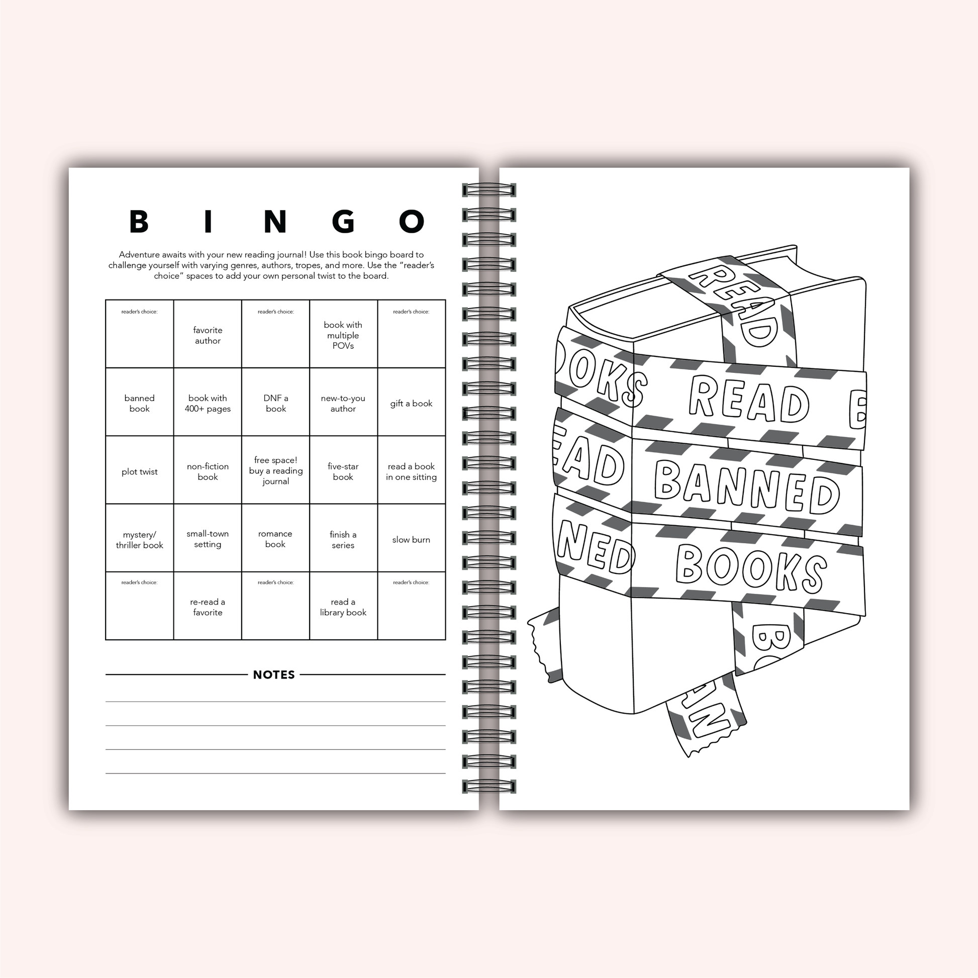 Open book with a bingo game and a illustration of a box labeled 'Banned Books' on a light pink background.