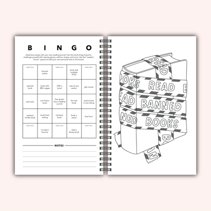 Open book with a bingo game and a illustration of a box labeled 'Banned Books' on a light pink background.