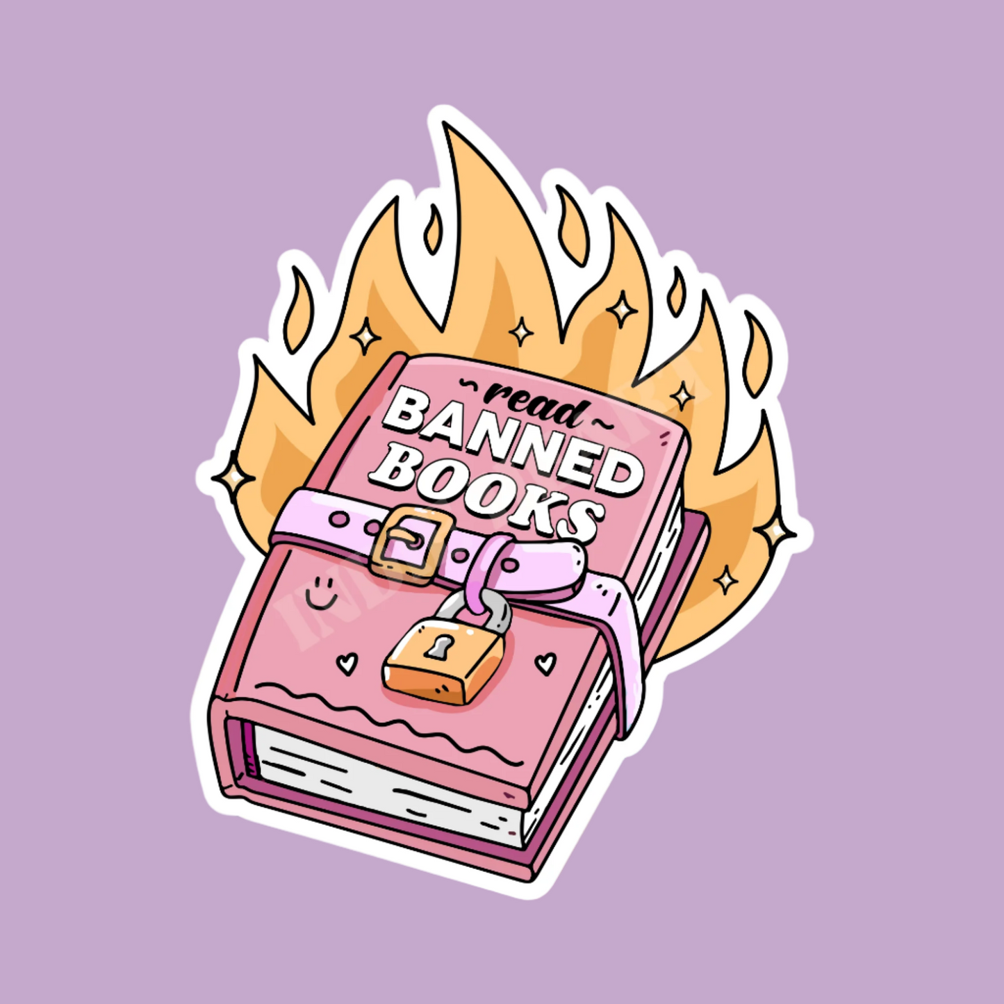 A vinyl sticker depicting a cartoon book with the title 'Read Banned Books' in a pink color, surrounded by stylized flames.