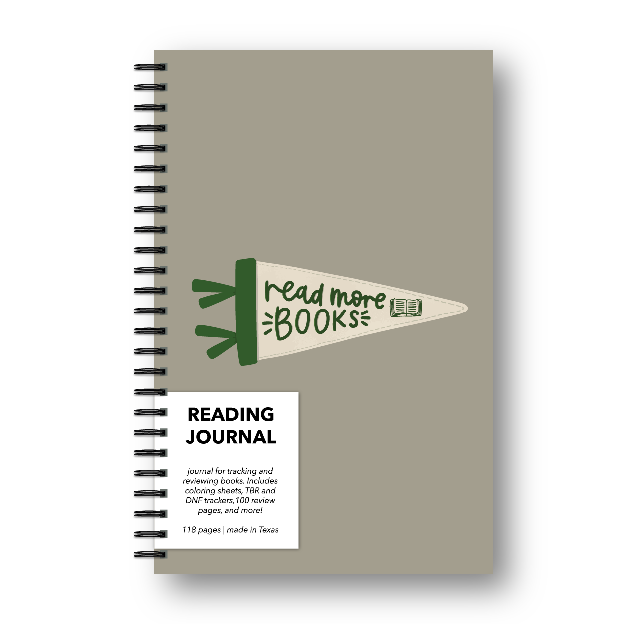 Book review journal with sage green cover and pennant with text "Read more books"