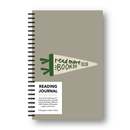 Book review journal with sage green cover and pennant with text "Read more books"