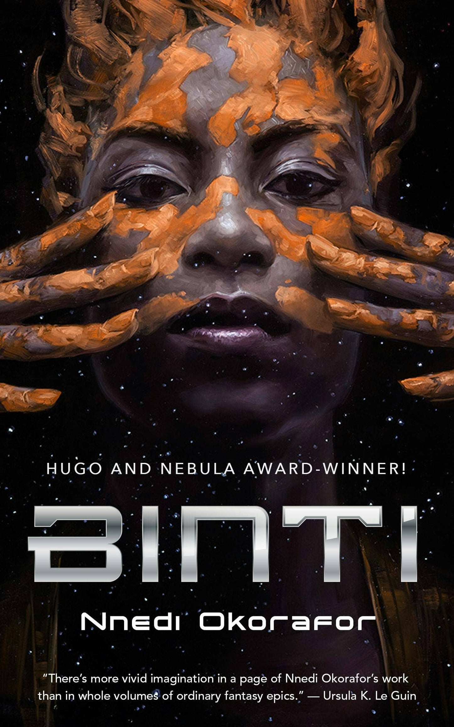 Book cover of 'Binti' by Nnedi Okorafor featuring a woman with clay on her hands and face