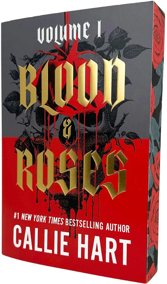Book box for 'Volume 1: Blood & Roses' by Callie Hart, featuring a red and black cover design with gold gothic lettering and rose illustrations.