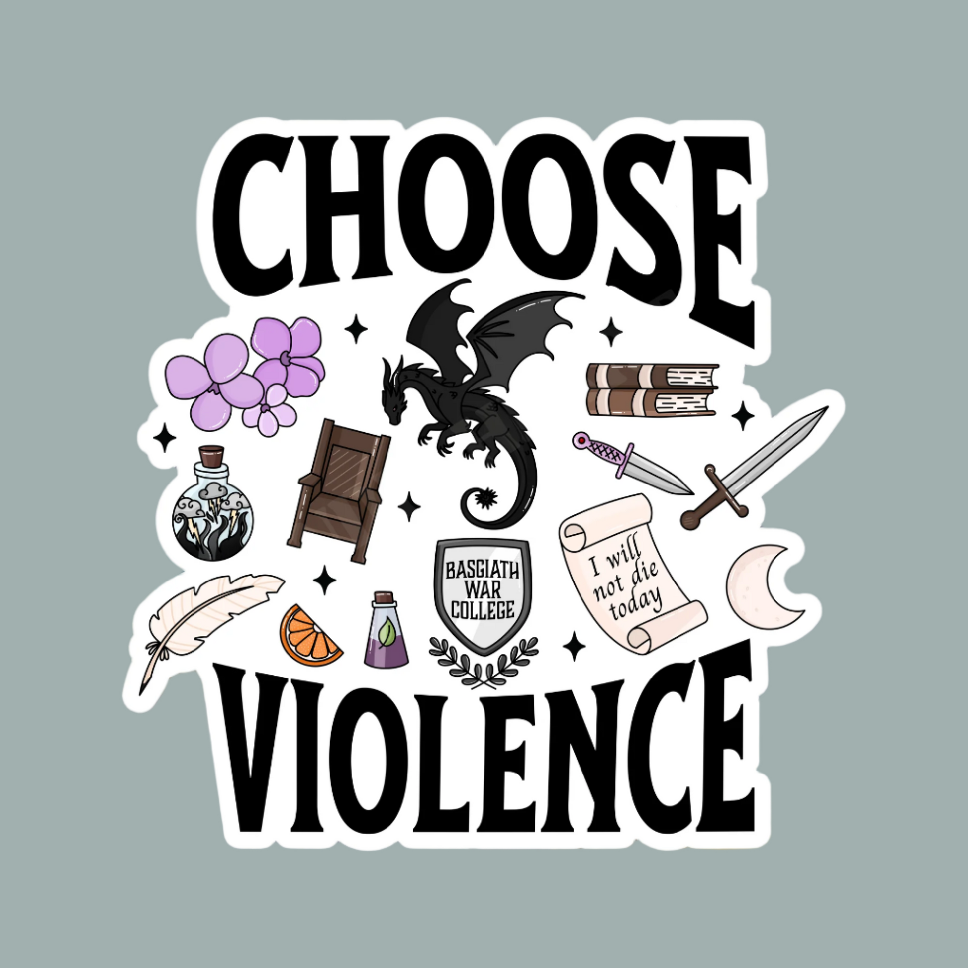 A vinyl sticker with the phrase 'Choose Violence' surrounded by book-related imagery such as a dragon, a wand, and a bookshelf.