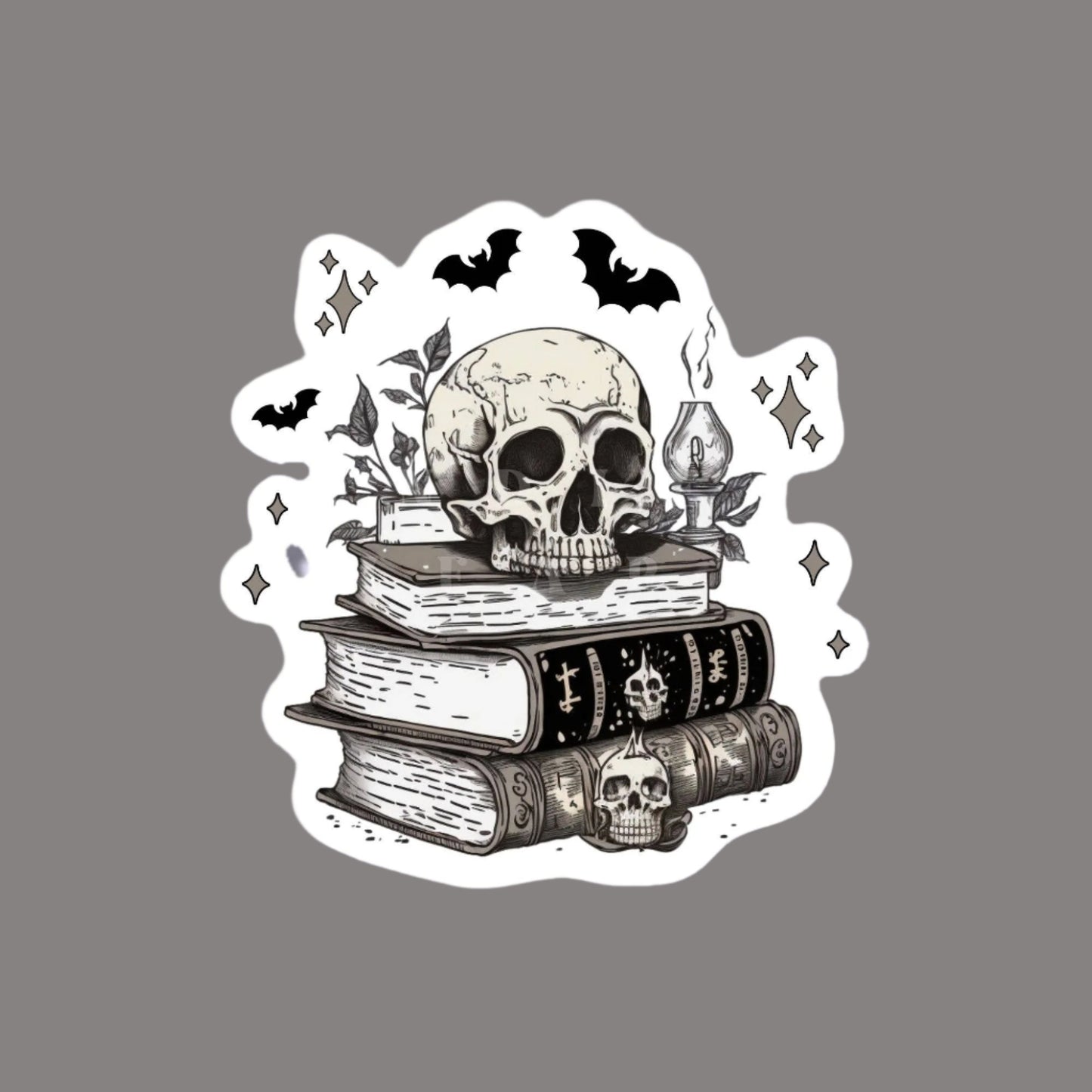 A vinyl sticker featuring a black and white design of a skull on top of stacked books, with bats flying around.