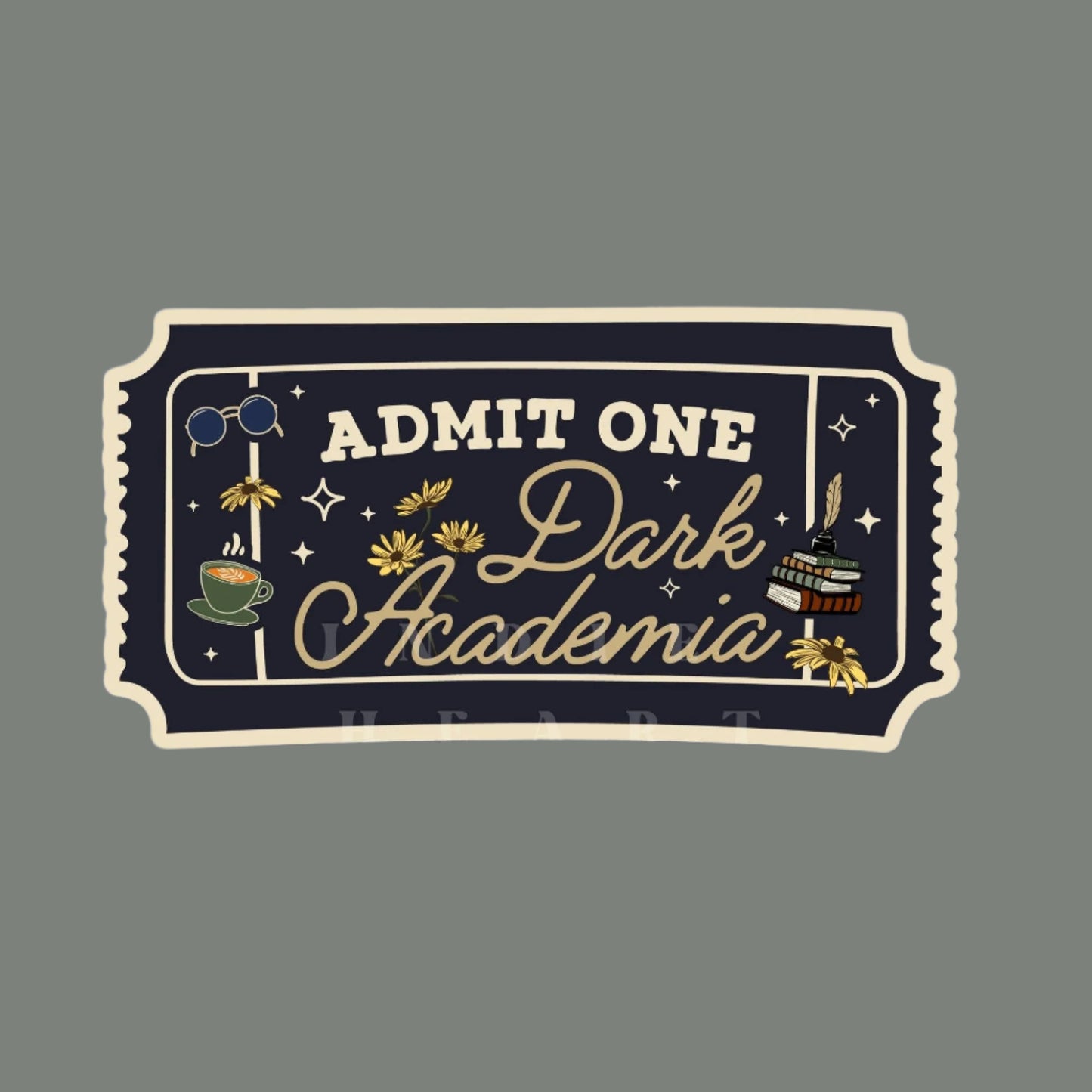 A vinyl sticker with a ticket design featuring the phrase 'Admit One Dark Academia' on a dark background with gold and lighter text, along with illustrations of books, a quill, and other academic symbols.