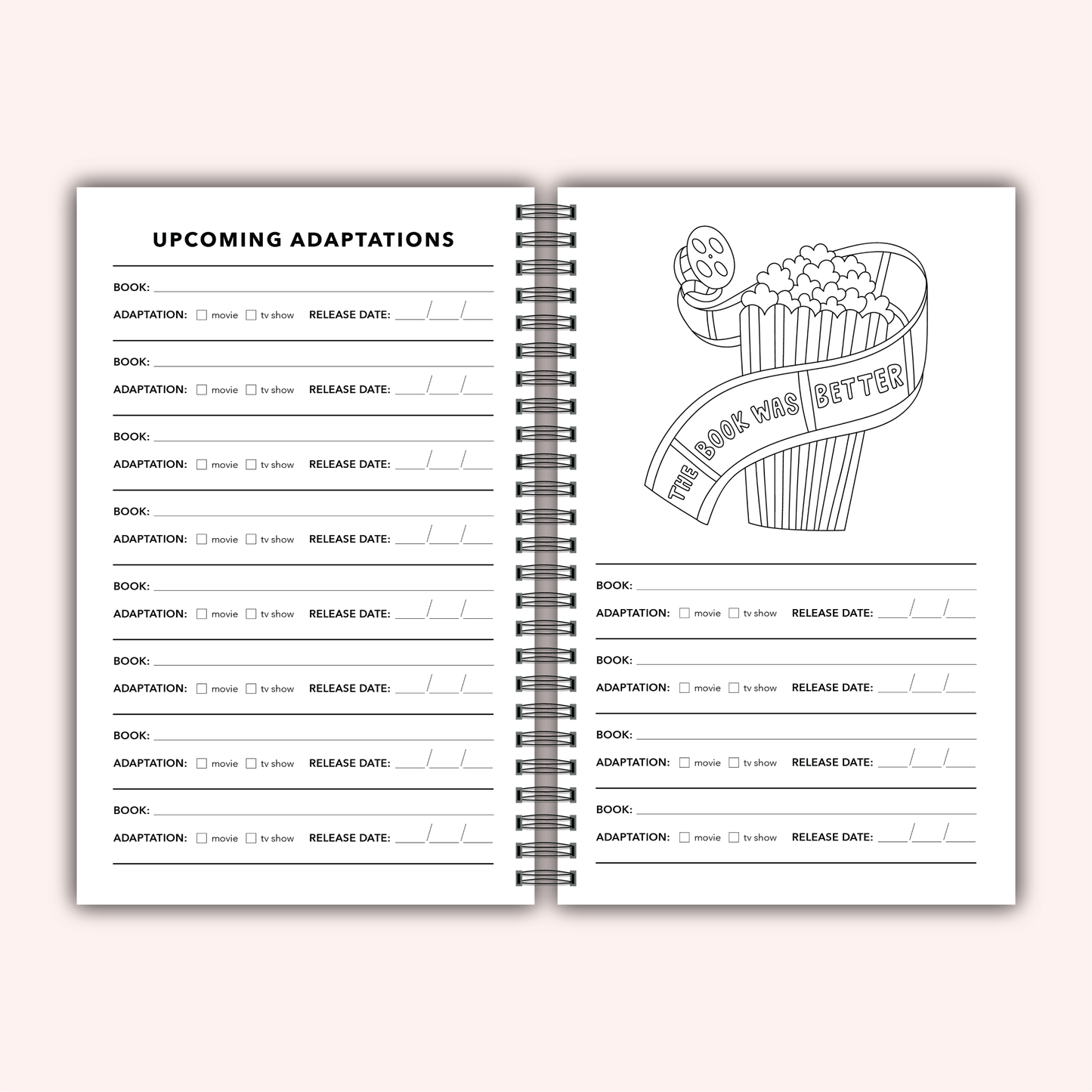Spiral-bound notebook with a checklist for upcoming adaptations and a illustration of popcorn and a banner on a white background.