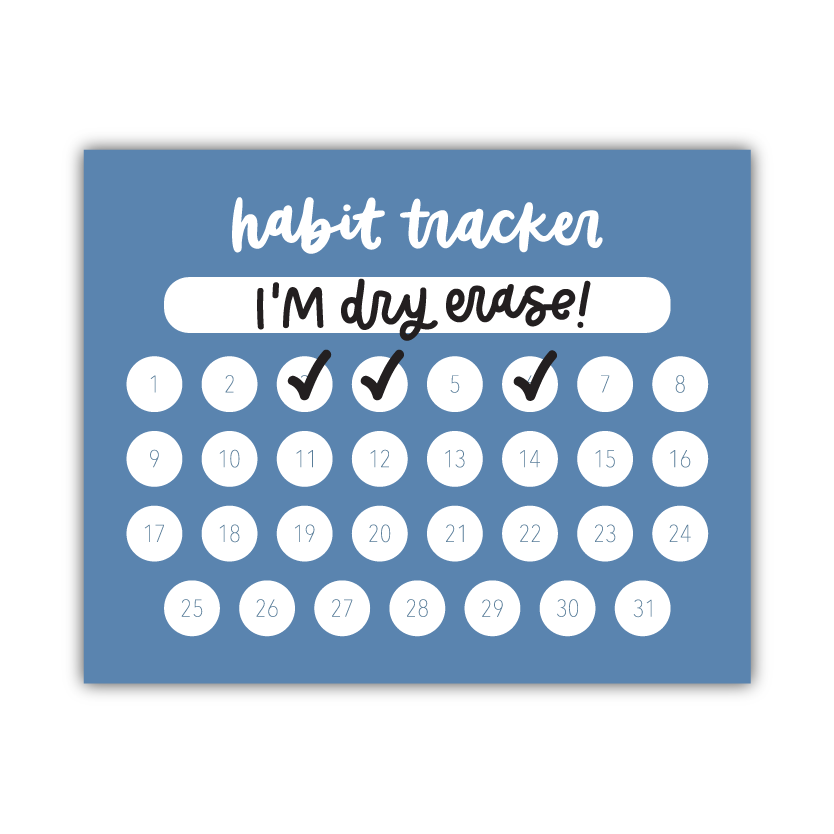 Dry erase habit tracker with checkboxes on a blue background