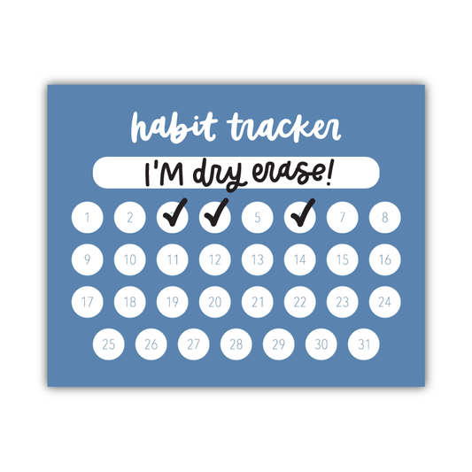 Dry erase habit tracker with checkboxes on a blue background