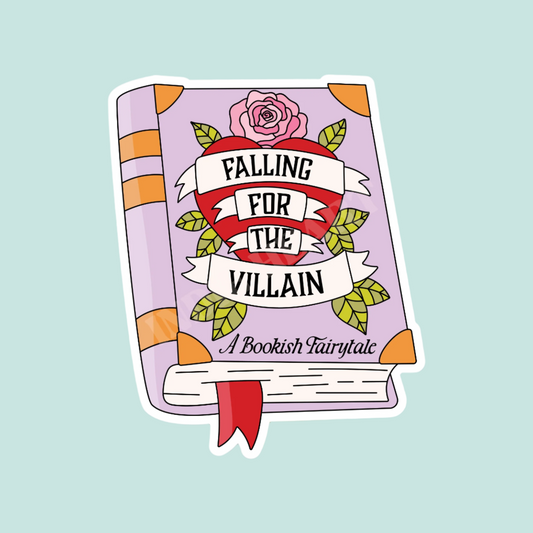 A vinyl sticker with a book cover design, titled 'Falling For The Villain', with a rose and decorative elements.