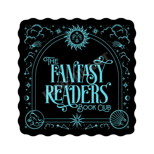A vinyl sticker with a black background and blue text, featuring a sun and moon design, decorative elements, and the text 'The Fantasy Readers Book Club'.