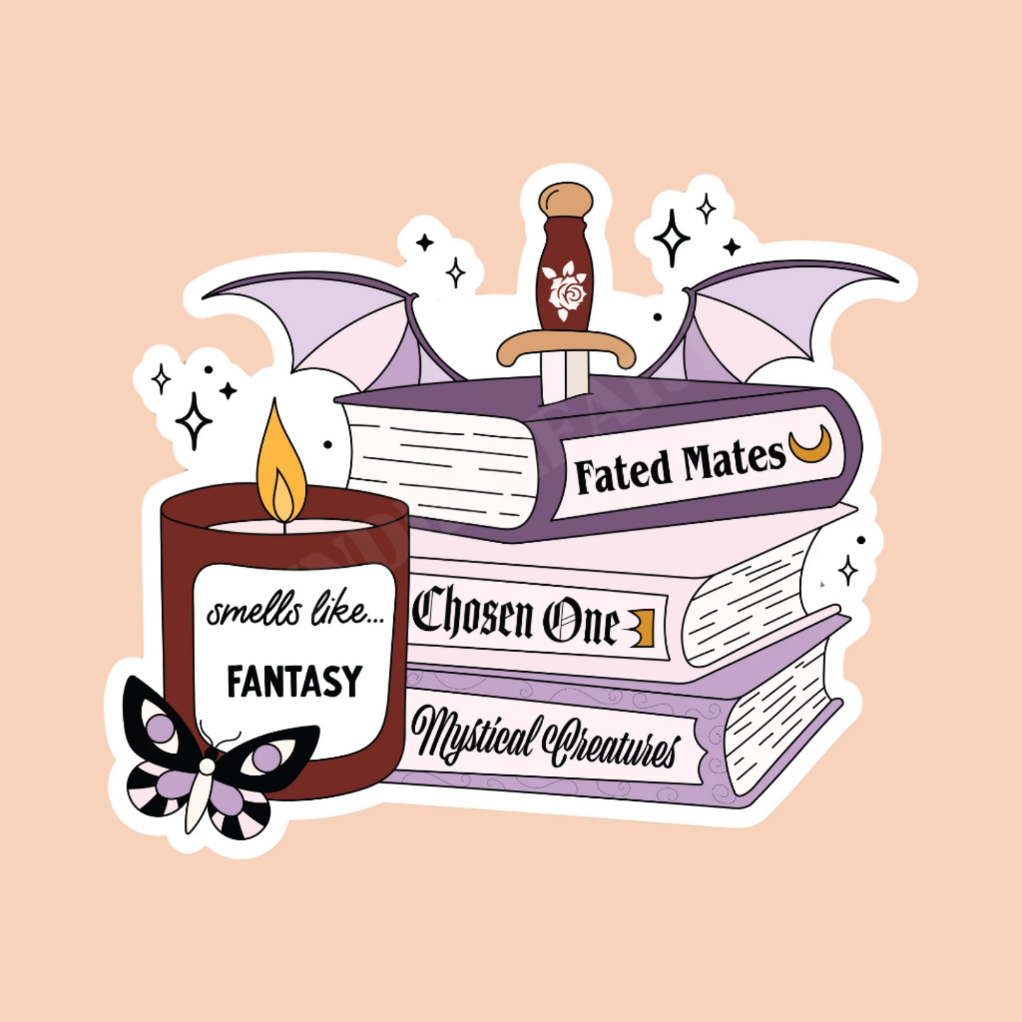 A vinyl sticker depicting a stack of books with fantasy-themed titles, a candle, and a sword, against a pink background.