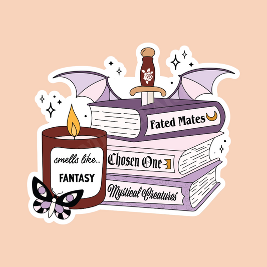 A vinyl sticker depicting a stack of books with fantasy-themed titles, a candle, and a sword, against a pink background.