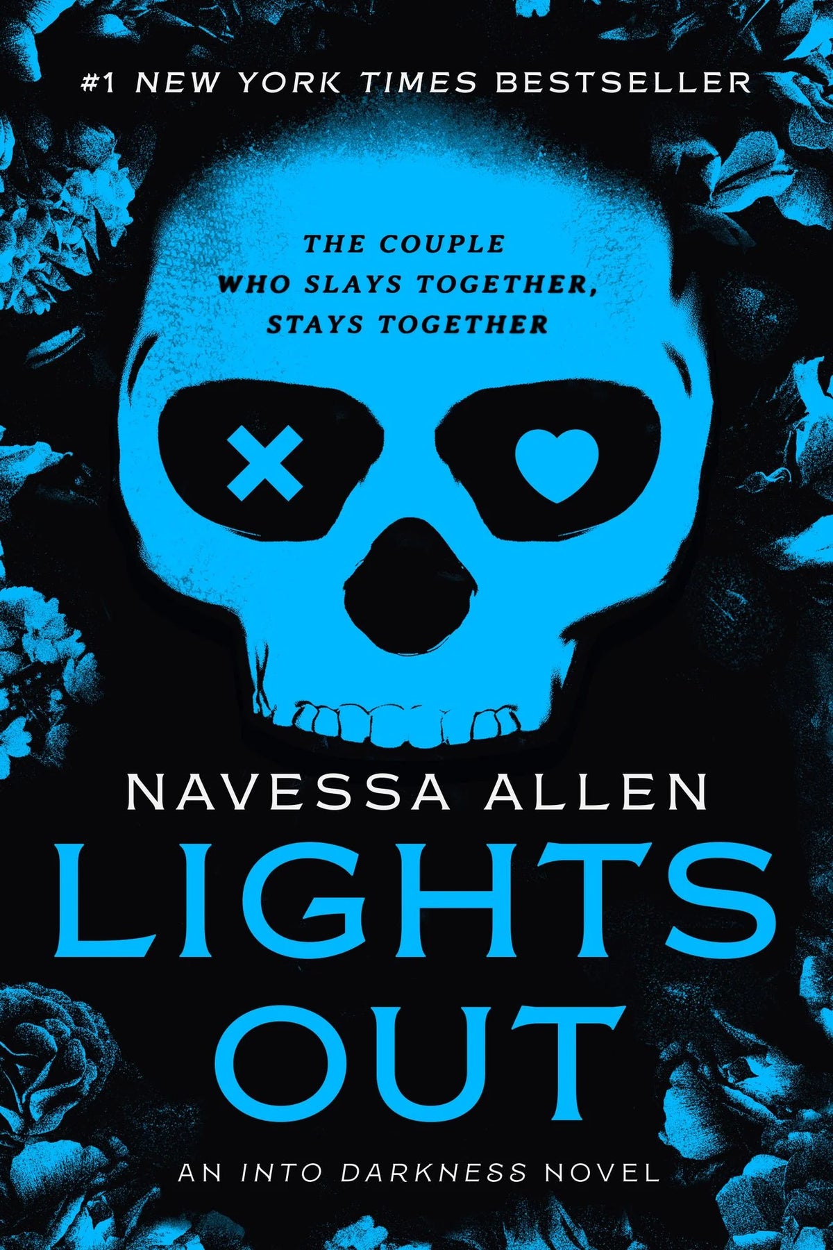 book cover for Lights Out by Navessa Allen is a blue skull on a black background