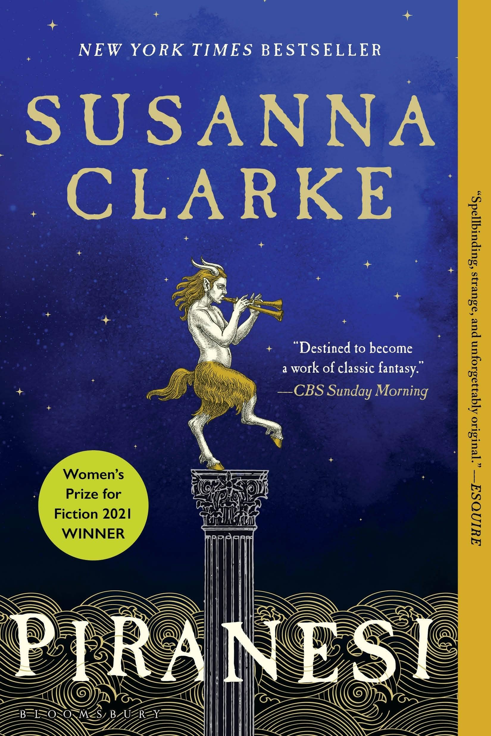 Book cover of 'Piranesi' by Susanna Clarke with a blue background and a satyr statue on a pillar