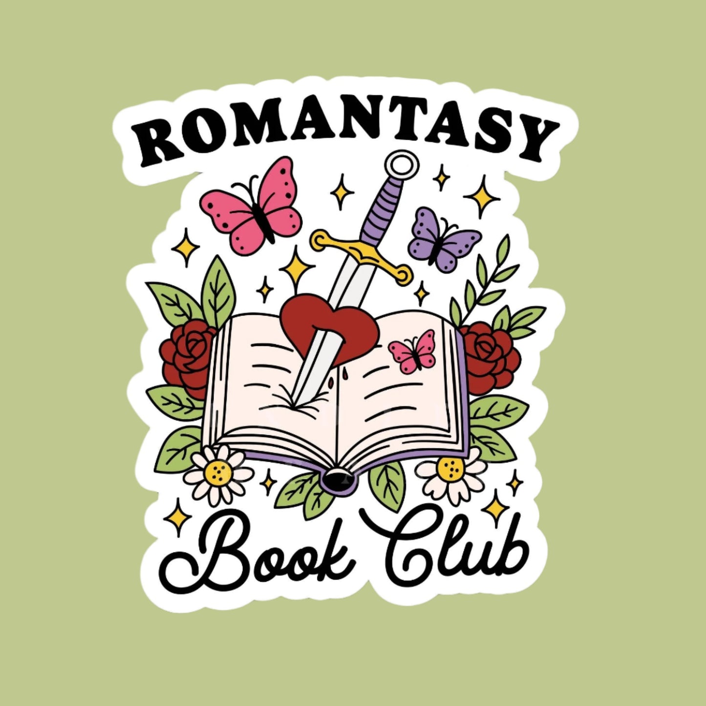 A vinyl sticker with a design that includes an open book, hearts, flowers, butterflies, and the text 'ROMANTASY Book Club'.