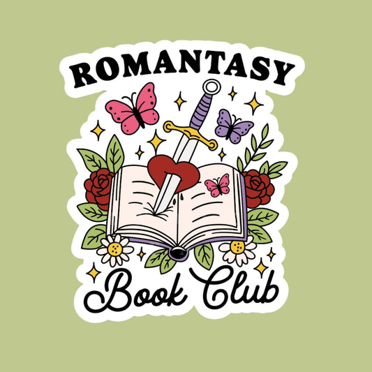 A vinyl sticker with a design that includes an open book, hearts, flowers, butterflies, and the text 'ROMANTASY Book Club'.