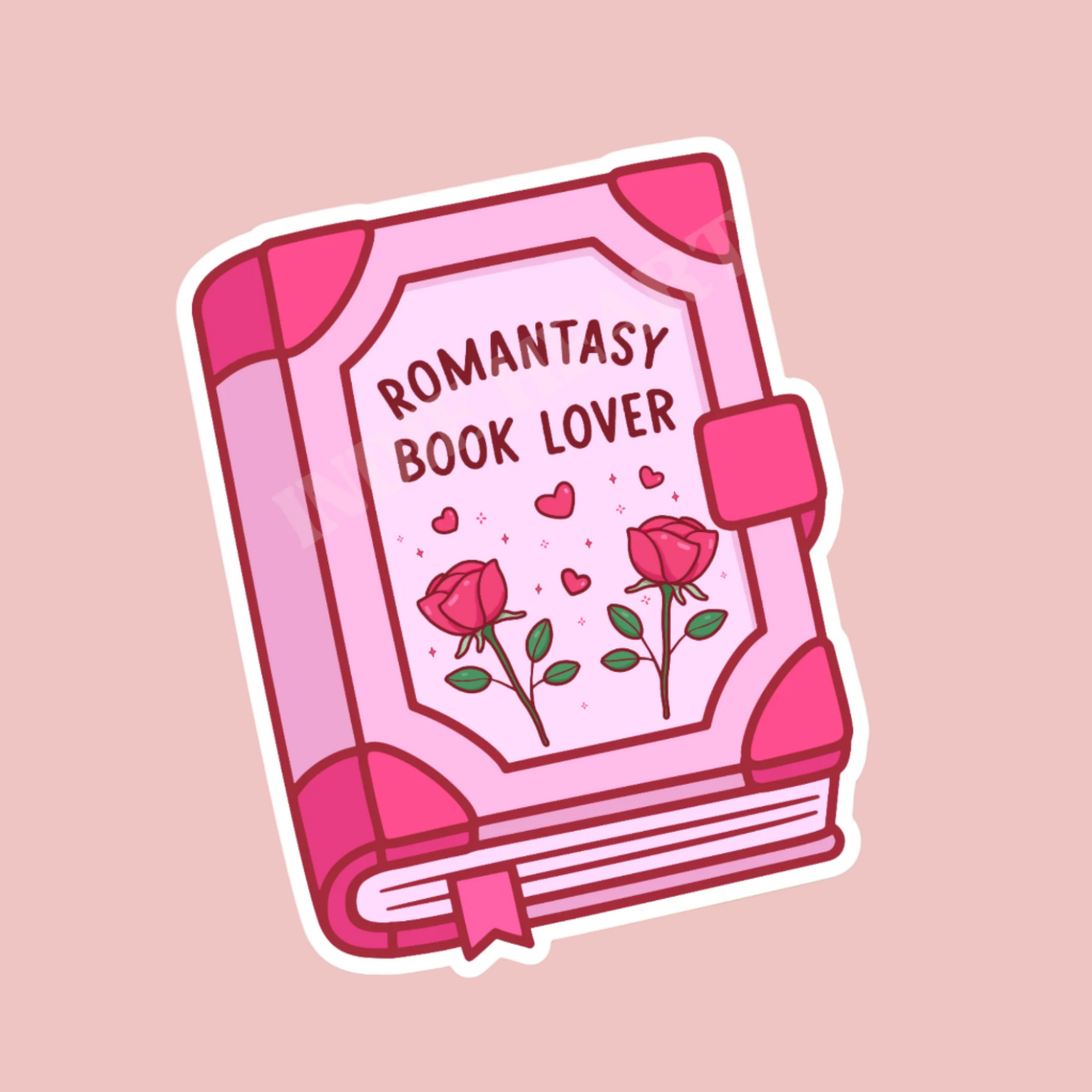 A vinyl sticker depicting a pink book with the title 'ROMANTASY BOOK LOVER' and roses on the cover.