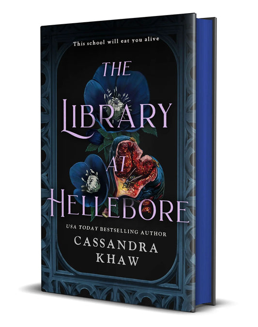 book cover of the library at hellebore on a dark background with blue flowers